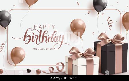 Design del banner clipart per auguri di buon compleanno. Clip art per biglietti d'invito di compleanno con elegante confezione regalo e decorazioni con elementi galleggianti Illustrazione Vettoriale