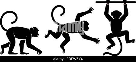 Tre scimmie che mostrano vari movimenti in un semplice stile vettoriale nero Illustrazione Vettoriale