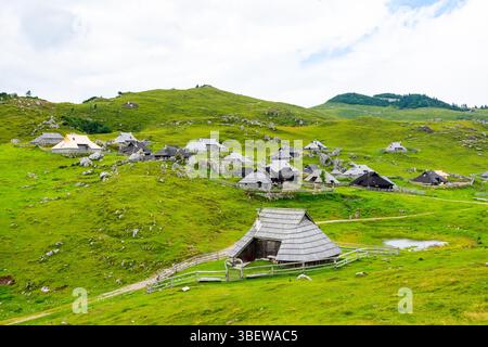 Slovenia velika planina (grande altopiano), terreno agricolo pascolo vicino alla città di Kamnik nelle Alpi slovene. Case di legno su terreni verdi utilizzate dai pastori. Moun Foto Stock