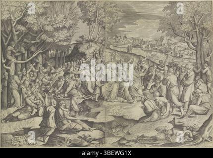 Roma, Lafreri, Antonio, Italia, Raffaello, cavalieri, Giovanni Battista de', De Wonderbare Rejuvenation, Roma, verso - timbrato, Cristo moltiplica i pani e i pesci, tra i suoi discepoli e spettatori. Sullo sfondo un paesaggio con un fiume e case., stampa, altezza 521 mm, larghezza 675 mm, italiano, 1525 - 1601-07-23, stampatore, 1535 - 1601, carta, incisione, incisione (processo di stampa), ideazione del lavoro, 1483-04-07 - 1520-04-07, secondo il progetto, pubblicazione (evento), pubblicazione, 1512 - 1577, editore Foto Stock