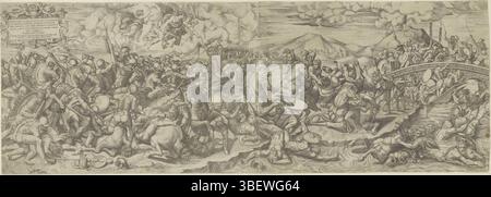 Italia, Raffaello, città del Vaticano, Romano, Giulio, Italia, Cavalieri, Giovanni Battista de', Battaglia al ponte Milvio, stampato verso, scena di battaglia in un paesaggio: battaglia al ponte Milvio. Soldati di Costantino in battaglia con i soldati di Massenzio. I cadaveri sono a terra. Soldati di cavalli che annegano nel fiume., stampa, altezza 408 mm, larghezza 1160 mm, italiano, 1525 - 1601-07-23, stampatore, 1535 - 1601, carta, incisione, incisione (processo di stampa), 1499 - 1546-01-11, dopo la verniciatura, concetto di lavoro, 1483-04-07 - 1520-04-07 Foto Stock