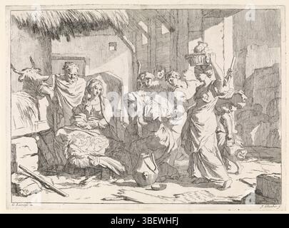 Amsterdam, Schenk, Leonard, Lairesse, Gerard de, ignoto, Glauber, Johannes, spettacoli biblici, mitologici e allegorici, Adorazione dei pastori, Amsterdam, verso in mezzo - timbrato, i pastori e le loro mogli sono riuniti intorno al bambino Cristo, che giace in un presepe. La donna di fronte si inginocchia. Maria siede accanto al bambino, dietro a lei Giuseppe e il bue. In background i membri dei loro seguaci. La stampa fa parte di una serie con prestazioni bibliche, mitologiche e allegoriche. Stampa, altezza 280 mm, larghezza 382 mm, 1646 - 1726, stampatore, 1656 - 1726, carta, incisione, WO Foto Stock