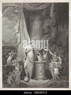 Amsterdam, Meyer & Co., P.H., Pieneman, Jan Willem, Nederland, Portman, Ludwig Gottlieb, allegorie del XVIII secolo, 1799, Amsterdam, Paesi Bassi, verso - timbrato, allegorie nell'ultimo XVIII secolo, 1799. Centralmente la personificazione permanente della religione su un altare, il tempo rivela sopra un pilastro su cui si trovano gli eventi più importanti del secolo scorso. Questi sono (dall'alto verso il basso): Morte di Guglielmo III (1702); Consigliere dedicato a Guglielmo IV (1747); Battaglia del Doggersbank (1781); intenzione della Principessa Guglielmina a Goejanverwellesluis (1787); Principe Frederik wou Foto Stock
