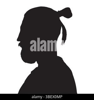 Silhouette di un uomo barbuto con i capelli legati su uno sfondo bianco nella vista del profilo Illustrazione Vettoriale