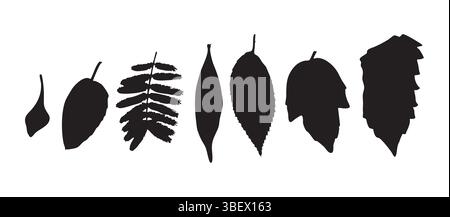 Silhouette assortite a foglia d'albero in fila su sfondo bianco Illustrazione Vettoriale