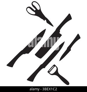 Set di silhouette da cucina con coltelli, forbici e pelapatate su sfondo bianco Illustrazione Vettoriale