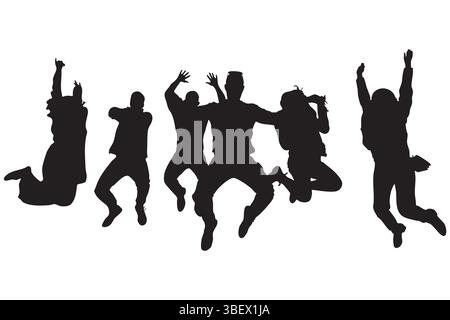 Gruppo di giovani diversi che saltano silhouette isolata su sfondo bianco Illustrazione Vettoriale