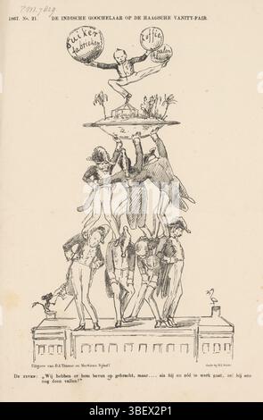 L’Aia, Nijhoff, Martinus, Arnhem, Thieme, Dirk Anthony, Paesi Bassi, Smits, H.L., Schmidt Crans, Johan Michaël, mago De Indian alla Haagsche Vanity-Fair, Spotprent al Governatore Mier, 1867, l'Aia, Spotprent al Pieter Mier, Governatore generale delle Indie olandesi. Mier balla sulla cima di una piramide formata da ministri in cima al Ministero delle colonie. Plate apparve al settimanale De Nederlandsche Spectator, nr. 21, 25 maggio 1867., stampa, Frederik Muller Historyplaten, altezza 275 mm, larghezza 215 mm, Nederlands, 1830-04-30 - 1907-11-14, stampatore, 1867 - 1867, pap Foto Stock