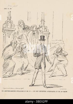 L’Aia, Nijhoff, Martinus, Arnhem, Thieme, Dirk Anthonie, Paesi Bassi, Smits, H.L., Schmidt Crans, Johan Michaël, De Amsterdamsche sinagoga nel XVII secolo - e Deventer athenaeum nel XIX secolo, Spotprent sulle dimissioni di J. van Vloten da parte del consiglio comunale di Deventer, 1867, l'Aia, Spotprent sul licenziamento di J. van Vloten da parte del consiglio comunale di Deventer. Van Vloten parte con un fascio di Spinoza sotto il braccio. Stampa, stampa, lastre storiche Frederik Muller, altezza 275 mm, larghezza 215 mm, olandese, 1830-04-30 - 1907-11-14, stampatore, 1867 - 1867, carta, litografia (tecnica), Foto Stock
