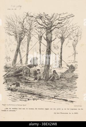 L’Aia, Nijhoff, Martinus, Arnhem, Thieme, Dirk Anthonie, Paesi Bassi, Smits, H.L., Schmidt Crans, Johan Michaël, Spotprent con l'estirpazione di alberi con facce di ministri, 1868, l'Aia, Spotprent con l'estirpazione di alberi con facce di ministri. Plate apparve al settimanale De Nederlandsche Spectator, nr. 14, 4 aprile 1868., stampa, Frederik Muller Historyplaten, altezza 275 mm, larghezza 215 mm, Nederlands, 1830-04-30 - 1907-11-14, stampatore, 1867 - 1867, carta, litografia (tecnica), tipografia, pubblicazione (evento), pubblicazione, 1830 - 1879, editore, editoria, pubblicazione (e Foto Stock