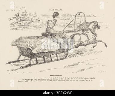 L’Aia, Nijhoff, Martinus, Arnhem, Thieme, Dirk Anthonie, Paesi Bassi, Smits, H.L., Schmidt Crans, Johan Michaël, in Russia, Spotprent nav la nomina di Van Zuylen come inviato in Russia, 1869, l'Aia, Spotprent nav la nomina del conte van Zuylen come inviato olandese in Russia. Van Zuylen oscilla da una slitta trainata da due cavalli. Plate apparve al settimanale De Nederlandsche Spectator, nr. 8, 1869., stampa, Frederik Muller Historyplaten, altezza 215 mm, larghezza 275 mm, Nederlands, 1830-04-30 - 1907-11-14, stampatore, 1869 - 1869, carta, litografia (tecnica), stampante, pubblicazione (evento), pubblicazione Foto Stock