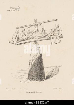 L’Aia, Nijhoff, Martinus, Arnhem, Thieme, Dirk Anthonie, Paesi Bassi, Smits, H.L., Schmidt Crans, Johan Michaël, Un pericoloso punto di appoggio, Spotprent on Precarious situation of the cabinet Fock-De Waal, 1870, The Hague, Spotprent on Precarious situation in cui si trova il gabinetto Fock-De Waal. Il gabinetto che si trova sulla punta di un pane di zucchero, nav di adottare o respingere la legge sullo zucchero. Plate apparve al settimanale De Nederlandsche Spectator, nr. 19, 1870., stampa, Frederik Muller Historyplaten, altezza 275 mm, larghezza 215 mm, Nederlands, 1830-04-30 - 1907-11-14, stampatore, 1870 Foto Stock
