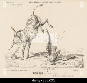 Den Haag, Nijhoff, Martinus, Arnhem, Thieme, Dirk Anthonie, Nederland, Smits, H.L., Schmidt Crans, Johan Michaël, bollettino extra van den Ned. Spettatore, Spotprent op de Utrechtse professor Vreede, 1870, l'Aia, Paesi Bassi, Spotprent op de Utrechtse professor G.W. Vreede die als een (pro-francese) gezel kopten te de Prussische Eagle. Plate apparve al settimanale De Nederlandsche Spectator, nr. 37, 1870., stampa, Frederik Muller Historyplaten, altezza 215 mm, larghezza 275 mm, Nederlands, 1830-04-30 - 1907-11-14, stampatore, 1870 - 1870, carta, litografia (techniek), stampante, pubblicazione ( Foto Stock