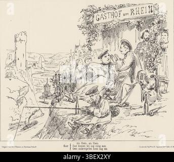 L’Aia, Nijhoff, Martinus, Arnhem, Thieme, Dirk Anthonie, Paesi Bassi, Spanier & Zn, vedova Elias, Schmidt Crans, Johan Michaël, professori olandesi in vacanza, Spotprent at Dutch professors, 1871, l'Aia, Spotprent con professori olandesi che cantano felicemente durante le vacanze sul Reno in Germania. Plate apparve al settimanale De Nederlandsche Spectator, nr. 35, 1871., stampa, Frederik Muller Historyplaten, altezza 215 mm, larghezza 275 mm, Nederlands, 1830-04-30 - 1907-11-14, stampatore, 1871 - 1871, carta, litografia (tecnica), tipografia, pubblicazione (evento), pubblicazione, 1830 - 1879, pubblica Foto Stock