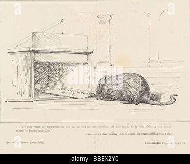 Den Haag, Nijhoff, Martinus, Arnhem, Thieme, Dirk Anthonie, Nederland, Spanier & Zn, vedova Elias, Schmidt Crans, Johan Michaël, Een oud rot niet light in den val, Spotprent op de wet op het hoogdi onderwijs, 1871, l'Aia, Paesi Bassi, Spotprent op de voorgeven maar niet vergeven wet van Thorbecke op het hoogede onderwijs. Un topo in trappola. Plate apparve al settimanale De Nederlandsche Spectator, nr. 44, 1871., stampa, Frederik Muller Historyplaten, altezza 215 mm, larghezza 275 mm, Nederlands, 1830-04-30 - 1907-11-14, stampatore, 1871 - 1871, carta, litografia (tecnica), stampante, pu Foto Stock