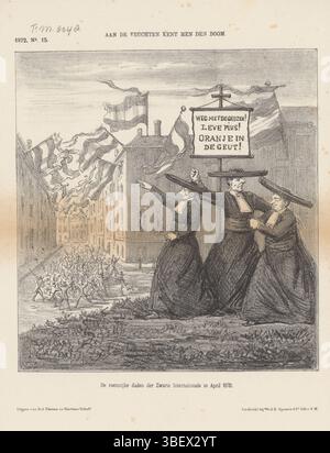 Den Haag, Nijhoff, Martinus, Arnhem, Thieme, Dirk Anthonie, Nederland, Spanier & Zn, vedova Elias, Paesi Bassi, Limburg Brouwer, Petrus Abraham Samuel van, Schmidt Crans, Johan Michaël, Aan de Fruit kemt men den boom, Spotprent op de ruimheids op de Brielse festivities, 1872, l'Aia, Spotprent op een onlijke onluchtheids in het Noord-Brabantse staden durante le festività de Brielse nell'aprile 1872. Un gruppo di clero romano accoglie con favore i disordini consentiti da uno striscione antiorangista. Plate apparve al settimanale De Nederlandsche Spectator, nr. 15, 1872. Stampa, Frederik Muller Ciao Foto Stock