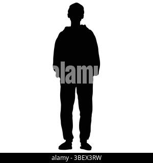 Silhouette di una persona che indossa una felpa con cappuccio e pantaloni, in posizione neutra, senza volto. Illustrazione Vettoriale