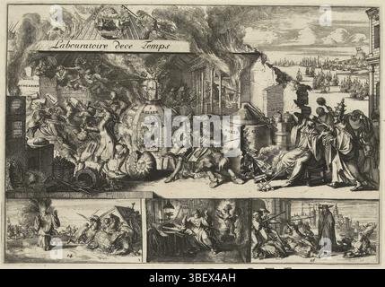 I Paesi Bassi, Hooghe, Romeyn de, Het Groote Stookhuis Der Princen des Tijd, in Europe, Labouratoire dece Temps, Spotprent on Jacobus II e Luigi XIV come alchimisti, 1688, Paesi Bassi, 1688. Laboratorio alchimista con una grande caldaia in cui il fuoco sotto l'impero. A destra, il Papa cerca di prendere il cappello dal vescovo cardinale. Sullo sfondo l'arrivo della flotta di Guglielmo III. Di seguito sono riportate 3 piccole scene con l'autobus caduto di Lavardin (l'inviato francese a Roma), il diavolo appare a padre Peters (Edward Petre) e lo spirito di re Carlo i vagando per le strade. INF Foto Stock