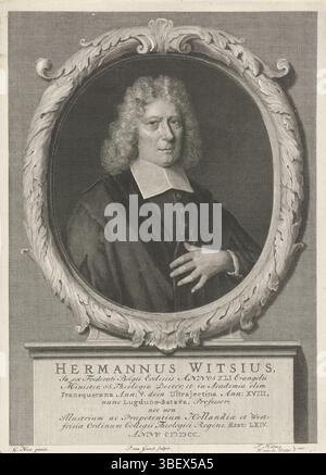 Halma, Francesco, acqua, Willem van de, Hoet, Gerard (i), Amsterdam, Gunst, Pieter van, Ritratto di Herman Witsius, verso il basso centrale - timbrato, Herman Witsius, predicatore e professore di teologia a Franeker, Utrecht e Leida, all'età di 64 anni., stampa, larghezza 230 mm, altezza, 325 mm, 1649 - 1731-05-22, stampatore, 1700 - 1731, carta, incisione, incisione (processo di stampa), 1648-08-22 - 1733-12-02, dopo, per pittura, pubblicazione (evento), pubblicazione, Noord-Nederlands, editore, editoria, 1653-01-03 - 1722-01-13, editore Foto Stock