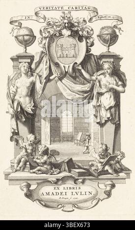 Amsterdam, Picart, Bernard, interno di una biblioteca, Amsterdam, stampato verso, Ex-Libris per Amadei Lulin. Un interno di una biblioteca, in una cornice con due semifigure, Truth and Love, su ciascun lato. In fondo a quattro putti con libri e in alto lo stemma e il motto di Amadei Lulin., stampa, ex libris, stampe, altezza 128 mm, larghezza 81 mm, olandese settentrionale, 1673-06-11 - 1733-05-08, stampatore, 1722 - 1722, primo quarto del xviii secolo, carta, incisione, incisione (processo di stampa) Foto Stock