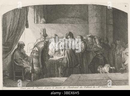 Rijn, Rembrandt van, Amsterdam, Picart, Bernard, Giuda riceve pezzi d'argento per il suo tradimento, Giuda Iscariota visita gli alti sacerdoti che vogliono catturare Cristo. Gli pagano trenta pezzi d'argento per il suo tradimento, stampa, altezza 146 mm, larghezza 220 mm, Paesi Bassi del Nord, 1673-06-11 - 1733-05-08, stampatore, 1710 - 1733, primo quarto del XVIII secolo, secondo quarto del XVIII secolo, carta, incisione, olandese settentrionale, 1606-07-15 - 1669-10-08, tiratore intermedio Foto Stock