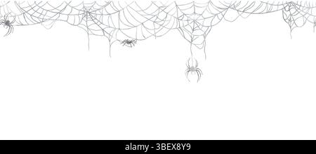 Ragnatela di forme diverse, bordo orizzontale senza cuciture. Illustrazione acquerello. Ragni sospesi e ragni piccoli, isolati su sfondo bianco Foto Stock