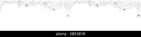 Ragnatela di forme diverse, bordo orizzontale senza cuciture. Illustrazione acquerello. Ragni sospesi e ragni piccoli, isolati su sfondo bianco Foto Stock