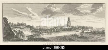 Amsterdam, Tirion, Isaak, Haen, Abraham de (II), Amsterdam, Philips, Jan Caspar, De stad Arnhem, te zien van de hoogtenns naar den Eltenerberg, Viezicht op Arnhem, verso onder - timbro, stampa, altezza 181 mm, larghezza 436 mm, Noord-Nederlands, 1700 - 1775-04-24, stampatore, 1741 - 1741, carta, incisione, incisione, incisione (processo di stampa), 1707-04-06 - 1748-08, tirante intermedio, furgone per tekening naar, pubblicazione (evento), pubblicazione, 1705 - 1765, editore Foto Stock