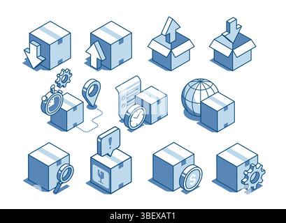 set vettoriale isometrico di scatole con icone di messaggi e applicazioni in stile lineare, a colori su sfondo bianco, pacchi o consegna di merci Illustrazione Vettoriale