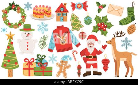 Colorato cartone animato Merry Christmas clip art Collection. Set di elementi di design per le vacanze invernali con Babbo Natale, albero e regali, pupazzo di neve e cervo, ca Illustrazione Vettoriale