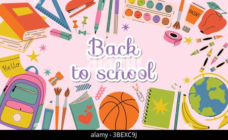 Allegro poster Back to School per ragazze con materiale scolastico femminile, vernici, libri, zaino rosa e matite, incorniciare il testo su un morbido dorso pastello Illustrazione Vettoriale