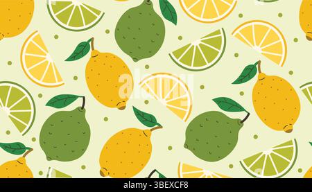 Fantasia fresca e colorata senza cuciture con limoni e limes interi, fette, foglie verdi e punti. Vivace stile cartoni animati piatto, perfetto per l'estate, agli agrumi Illustrazione Vettoriale