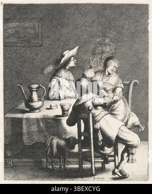 Leiden, Vliet, Jan Georg van, i cinque sensi, profumo, fumatore soffia fumo dopo una donna, Leiden, in un interno seduto intorno a un tavolo due uomini e una donna. Uno degli uomini spara il fumo di un tubo verso la donna che le tiene la mano. In primo piano un cane. Sul tavolo un barattolo di latta, un roemer e una scatola di tabacco., stampa, altezza 241 mm, larghezza 197 mm, Paesi Bassi del Nord, 1610 - 1668, stampatore, 1634 - 1634, carta, incisione, incisione, incisione (processo di stampa) Foto Stock