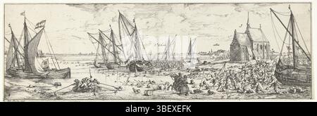 Sconosciuto, Meyssens, Joannes, Paesi Bassi meridionali, Peeters, Bonaventura (i), fallito attacco a Fort Kallo, 1638, ignoto, soldati rifugiati dell'esercito di Stato al comando del conte Willem van Nassau-Siegen dopo il fallito attacco alla rampa di Kallo, 21 giugno 1638. I soldati cercano di raggiungere le barche pronte attraverso l'acqua. Sulla destra si trova la piccola chiesa di Kallo. Parte di un insieme di due dischi e due fogli di testo in olandese e francese. Stampa, stampa di notizie, stampe, lastre di storia di Frederik Muller, altezza 152 mm, larghezza 476 mm, olandese meridionale, 1614-07-23 - 1652-07-25, printmaker, 1638 - 1638, secondo trimestre 1 Foto Stock