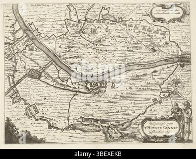 Amsterdam, Visscher, Claes Jansz. (II), Noordelijke Nederlanden, Schut, Pieter Hendricksz., Beleegeringhe vant t'Huys in Gennip Gebot anno 1641, Mappa dell'assedio di Gennep, 1641, Amsterdam, Paesi Bassi settentrionali, Mappa di Gennep con la Casa di Gennep e la zona circostante, assediata e conquistata dall'esercito di Stato al comando di Frederik Hendrik, 6 giugno - 27 luglio 1641. Con la linea circolare degli assedianti e dei loro accampamenti. In basso a destra due soldati al cartiglio con il titolo. In alto a sinistra contrassegnato: Due parti Fol: 103., stampa, storico, mappa, stampe, piastre per la storia di Frederik Muller, altezza 279 Foto Stock