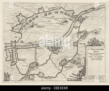Paesi Bassi settentrionali, Passe, Crispijn van de (II), T'Gennepper Huys Belegert door syn Hoocheyt Fredrick Hendrick Prince van Orangien. Tomba di Nassou ecc.. Inden Jare 1641, assedio di Casa a Gennep, 1641, Paesi Bassi settentrionali, Mappa con la Casa a Gennep, assediata e conquistata dall'esercito di Stato sotto Frederik Hendrik, 6 giugno - 27 luglio 1641. Con la linea circolare degli assedianti, i loro accampamenti e i vicini villaggi di Gennep, Oeffelt e Sant'Agata. Proprio sotto un cartiglio con il titolo., stampa, mappa, stampe, tavole di Frederik Muller History, altezza 226 mm, larghezza 341 mm, 1597 - 1670-01- Foto Stock