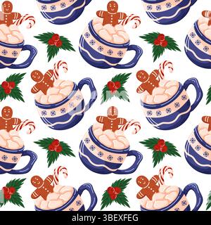 Motivo senza cuciture con tazza natalizia ripiena di cioccolata calda, marshmallow, biscotti al pan di zenzero, canna da zucchero e foglie di abete in stile cartoni animati. Design Illustrazione Vettoriale