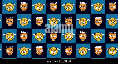 Motivo di Halloween con teschi gialli stravaganti con volti di cartone animato in griglia blu e nera. Teste mostro giocose e colorate, perfette per la moda e i poster Illustrazione Vettoriale