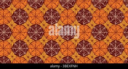 Halloween Spiderwebs in Seamless Pattern isolato su sfondo arancione e marrone. Sfumature autunnali multicolore e ricche di sfumature con classici nastri perfetti per la stampa Illustrazione Vettoriale