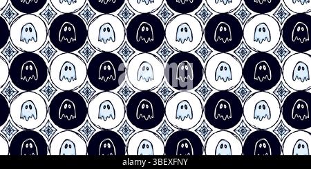 Halloween senza cuciture con graziosi fantasmi bianchi e neri e Spider Web in Black Circle Grid. Allegri spiriti spettrali disegnati a mano, perfetti per la stampa Illustrazione Vettoriale