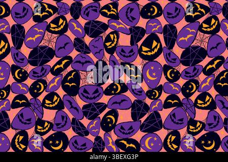 Disegno a mano Halloween Abstract Seamless Pattern con lobi viola con volti spaventosi, lune, pipistrelli e ragnatele. Sfondo giocoso perfetto per la stampa Illustrazione Vettoriale