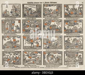 I Paesi Bassi, Amsterdam, Ratelband e J. Bouwer, De inherit the Widow J., Bybelsche Figures of 't Nieuwe Testament, Paesi Bassi, Blad con 16 esibizioni di storie dal nuovo Testamento. Sotto ogni immagine un verso a due righe. Numerato in alto a destra: 85., stampa, stampe folk, stampe, lastre di storia di Frederik Muller, altezza 315 mm, larghezza 425 mm, pubblicazione (evento), pubblicazione, olandese, editore, 1782 - 1793, carta, xilografica, stampa di carta intestata, stampa di libri, colori, macchina per la stampa, macchina per la stampa Foto Stock