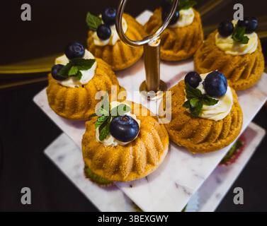 Mini Bundt Cakes con mirtilli e crema su supporto in marmo. Foto Stock