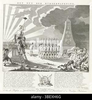 Voorman, Jan, Pfeiffer, Francesco Giuseppe i, Coijon, P., Brasser, Leendert, Noordelijke Nederlanden, Hulk, Abraham Jacobsz., Het Nut der Burgerarming, allegorie op de civilearming, 1785, Paesi Bassi settentrionali, verso - timbred, allegorie op de civile corpsen die de vrije in Nederland. Un corpo libero, insieme al Leone olandese, insegue Eigenbaat, Staatzucht, List e Huichelarij in un pilastro commemorativo con le armi delle sette province. Una statua della libertà è eretta dai soldati sulla sinistra. A sinistra del cielo ci sono raggi di sole che scagliano le nuvole scure sulla destra. Al bott Foto Stock