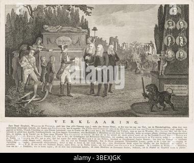 Olanda settentrionale, allegorie in cui Willem V dà la sua proposta agli Stati, 1793, Paesi Bassi settentrionali, verso - timbrato, allegorie in cui lo stadholder Willem V dà la sua proposta ai tre rappresentanti degli Stati generali, 28 febbraio 1793. Lo stadholder Willem V, accompagnato da due ragazzi (i suoi figli), si trova presso la tomba di Guglielmo d'Orange. A sinistra padre tempo combatte contro il mostro dello Slayer, a destra un monumento con ritratti dei predecessori di Willem V. negli omicidi sullo sfondo commessi tra gli olandesi dai francesi sotto le spoglie di libertà ed uguaglianza. Acceso Foto Stock