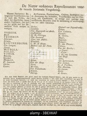 Paesi Bassi, De Nieuw verkoorden Rappresentants voor de 2nd National Assembly, Lista dei nuovi rappresentanti eletti per la seconda Assemblea nazionale, 1797-1798, Paesi Bassi, verso - timbrato, Textsheet con un elenco dei nomi dei nuovi rappresentanti eletti per la seconda Assemblea nazionale, 1797-1798. La seconda Assemblea nazionale esistette tra il 1° settembre 1797 e il 22 gennaio 1798. A sinistra un elenco di "patrioti caldi", a destra due colonne con i nomi di "Aristocrate, Foederalists, Crazies ..."., foglio di testo, stampa, piastre per storia Frederik Muller, altezza 200 mm, larghezza 160 mm, unità di scrittura Foto Stock