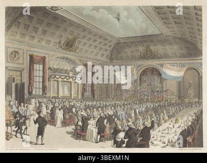 London, Ackermann, Rudolph, Shepherd, J., Rowlandson, Thomas, Inghilterra, Reeves, R., cena patriottica. Rappresentazione dell'eroe dell'incontro presso la City of London Tavern, martedì 14 dicembre 1813, Patriotic Maaltyd. Immagine del Byeenkomst che si è tenuto nell'hotel The City of London, il 14 dicembre, per celebrare l'evento Heugly del Bevryding of Holland da sotto il Dwingelandy del Tyran francese, pasto Patriottico a Londra, Londra, verso - timbrato, volto nel banchetto festivo tenuto nella grande sala della Taverna City of London il 14 dicembre 1813 per celebrare la liberazione della N Foto Stock