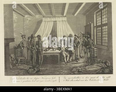 Paesi Bassi, guarda Dutchman! Come soffre il vostro coraggioso principe ereditario, cura del ferito principe d'Orange, 1815, Paesi Bassi, verso - timbrato, cura del ferito principe d'Orange da un medico. Interno della camera da letto con il principe seduto su una sedia per un letto. Un medico si inginocchia sul pavimento per rimuovere il proiettile dalla ferita. Intorno a lui ci sono ufficiali che guardano, in primo piano ci sono soldati feriti a destra e a sinistra sul pavimento. Nella didascalia un verso di quattro righe. Vedere anche pendente, stampa, lastre storia Frederik Muller, altezza 277 mm, larghezza 366 mm, stampatore, 1815 - 1815, carta, acquatinta, incisione, ecc. Foto Stock