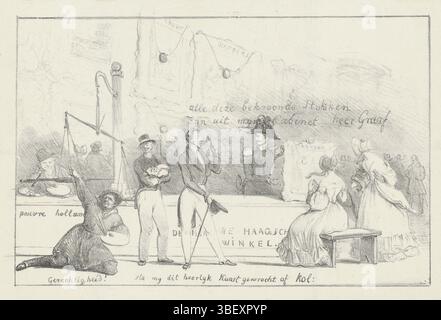 Paesi Bassi, De Nieuwe Haagsche Winkel, Spotprent alla mostra di maestri viventi a l'Aia, 1839, Paesi Bassi, verso - stampato, Spotprent alla mostra di dipinti di maestri viventi a l'Aia nel 1839. Le opere premiate sembravano essere per lo più artisti brabanti e, secondo le voci, già prima della mostra di proprietà del barone de Ceva, aiutante del principe Frederik e membro del comitato espositivo. Dietro un bancone c'è De Ceva con un dipinto che mostra a un cliente interessato. A sinistra un disperato pittore olandese che tira invano su una scala, due pittori brabanti wa Foto Stock