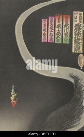 Tokyo, Fukuda Kumajirô, Giappone, Kunichika, Toyohara, samurai Aoyama e il fantasma Okiku, stampato verso, foglia superiore di un trittico, su cui i lunghi capelli del fantasma Okiku., stampa, Giappone (collezione), altezza 37,3 mm, larghezza 25,5 mm, 1835 - 1900, incisore, 1892 - 1892, quarto trimestre Ottocento, carta, xilografia a colori, pubblicazione (evento), pubblicazione, giapponese, editore Foto Stock